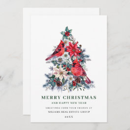 Red Cardinal Poinsettia Holly Berry Tree Corporate Holiday Card