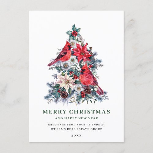 Red Cardinal Poinsettia Holly Berry Tree Corporate Holiday Card