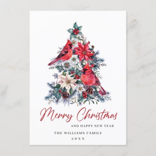 Red Cardinal Poinsettia Holly Berry Tree Greeting Holiday Card
