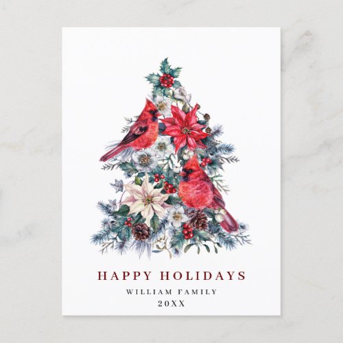 Red Cardinal Poinsettia Holly Berry Tree Greeting Postcard