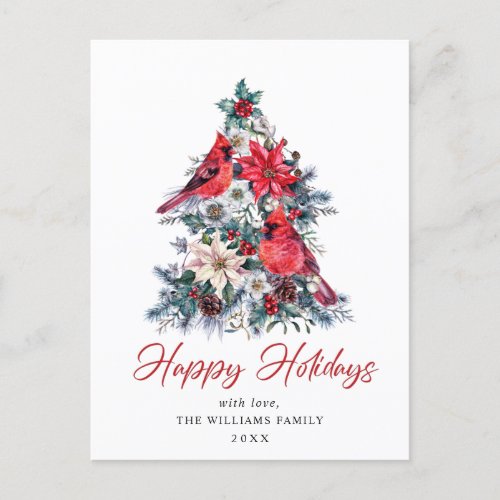 Red Cardinal Poinsettia Holly Berry Tree Greeting Postcard