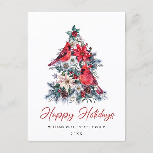 Red Cardinal Poinsettia Holly Berry Tree Greeting Postcard