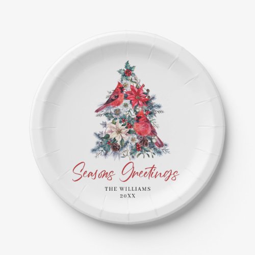 Red Cardinal Poinsettia Holly Berry Tree Holiday Paper Plates