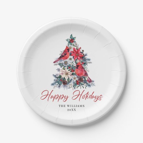 Red Cardinal Poinsettia Holly Berry Tree Holiday Paper Plates