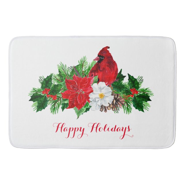 Red Cardinal Poinsettia Holly Pine Bathroom Mat (Front)