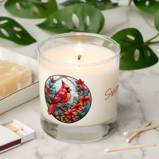  Red Cardinal Poinsettia Stained Glass  Scented Candle (Lit)