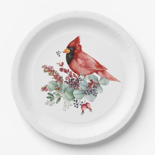 Red Cardinal, Red Berries, Eucalyptus Christmas Paper Plates (Front)
