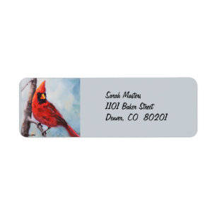 RED BIRD ON A BRANCH DESIGN #25 RETURN ADDRESS LABELS GLOSSY OR MATTE 