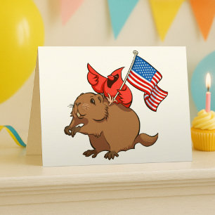 Red Cardinal Riding a Groundhog with American Flag