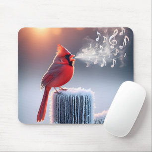 Red Cardinal Singing On Winter Fence Post Mouse Pad