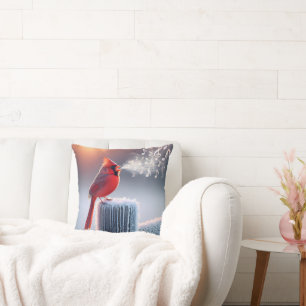 Red Cardinal Singing On Winter Fence Post Throw Pillow