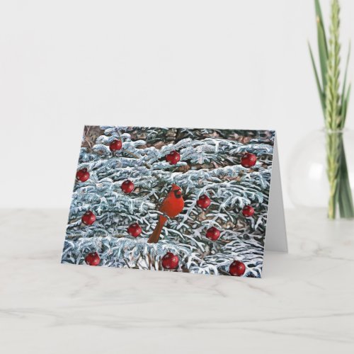 Red Cardinal Snow Ornaments Pine Tree Card