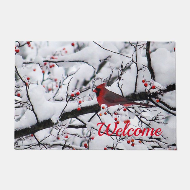 Red Cardinal Snow Tree Photo Doormat (Front)