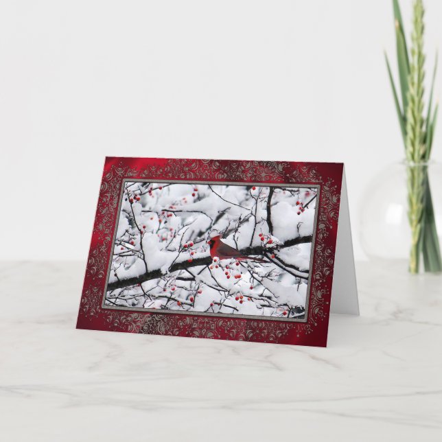 Red Cardinal Snow Tree Photo Letterpress Thank You Card (Front)