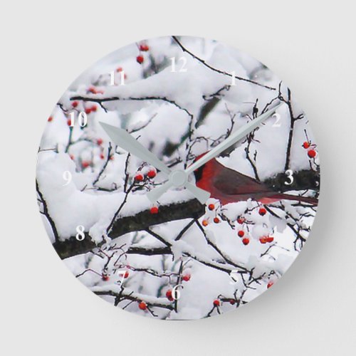 Red Cardinal Snow Tree Photo Round Clock