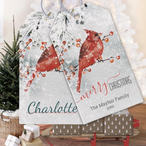 Red Cardinal Snowy Ilex Berries Merry Christmas Gift Tags