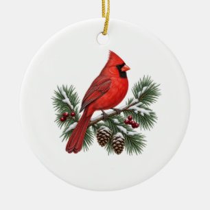 Red Cardinal Snowy Pine Ceramic Circle Ornament
