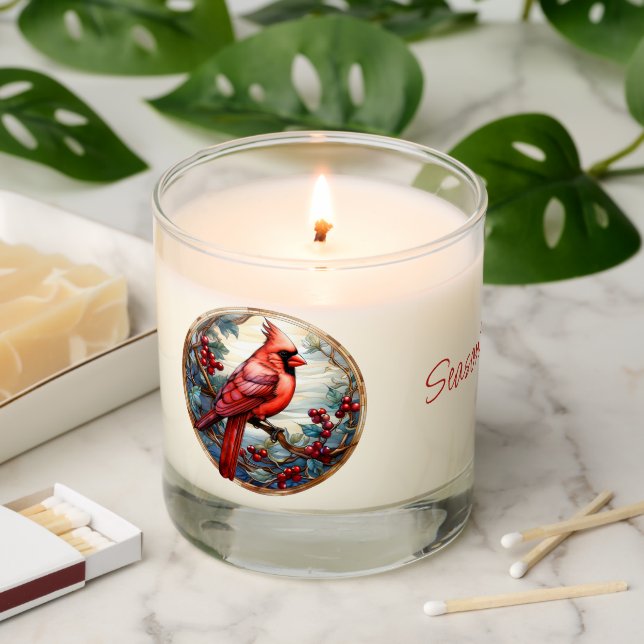  Red Cardinal Stained Glass Season's Greetings Scented Candle (Lit)