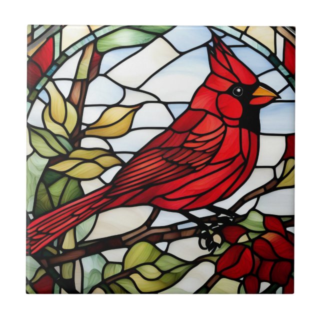 Red Cardinal Stained Glass Woodland Bird Ceramic Tile (Front)
