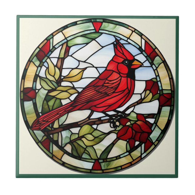 Red Cardinal Stained Glass Woodland Bird Ceramic Tile (Front)