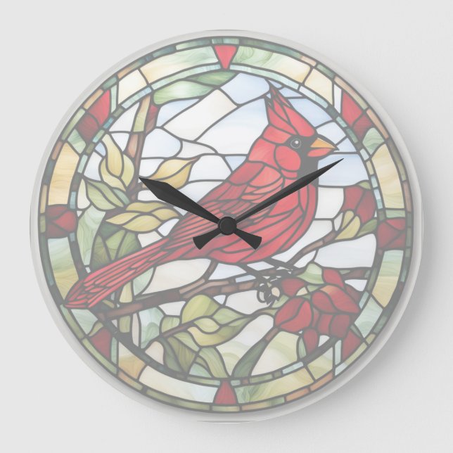 Red Cardinal Stained Glass Woodland Bird Clock (Front)