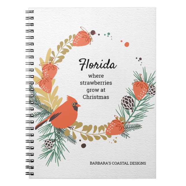 Red Cardinal Strawberries Christmas Wreath Notebook (Front)