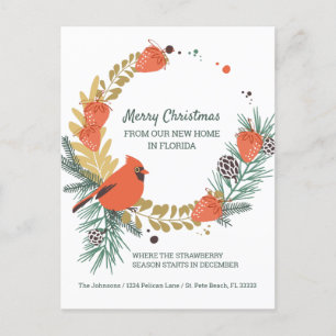 Red Cardinal Strawberry Christmas Wreath Moving Announcement Postcard