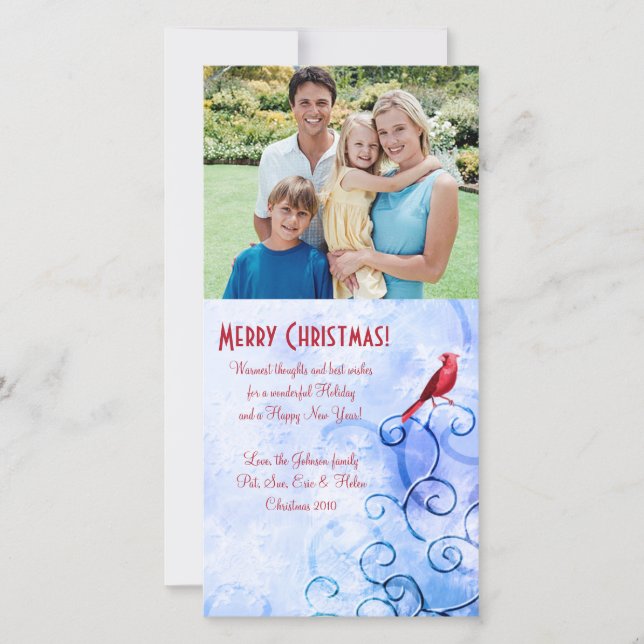 Red Cardinal & Swirls: Family Photo Christmas Card (Front)