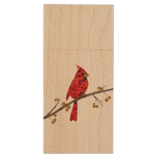 Red Cardinal , the bird of Christmas Wood USB Flash Drive