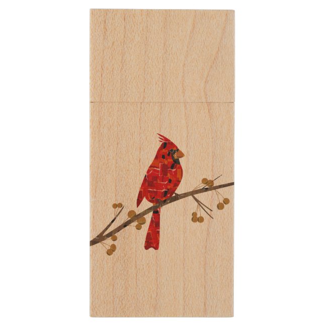 Red Cardinal , the bird of Christmas Wood USB Flash Drive (Back (Vertical))