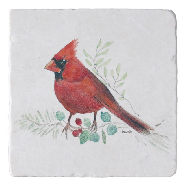 Red Cardinal Watercolor Art Trivet (Front)
