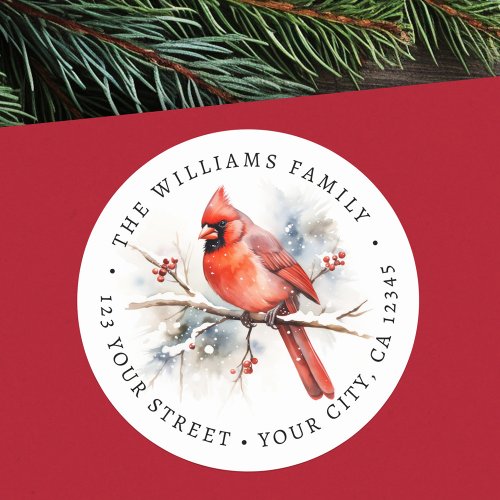 Red cardinal watercolor Christmas return address Classic Round Sticker