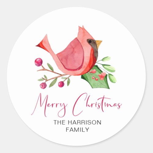 Red Cardinal Watercolor Custom Merry Christmas Classic Round Sticker