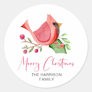 Red Cardinal Watercolor Custom Merry Christmas Classic Round Sticker