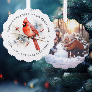 Red cardinal watercolor custom photo ornament card