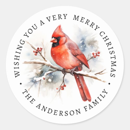 Red cardinal watercolor family name classic round sticker