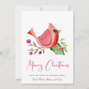 Red Cardinal Watercolor Photo Merry Christmas Holiday Card