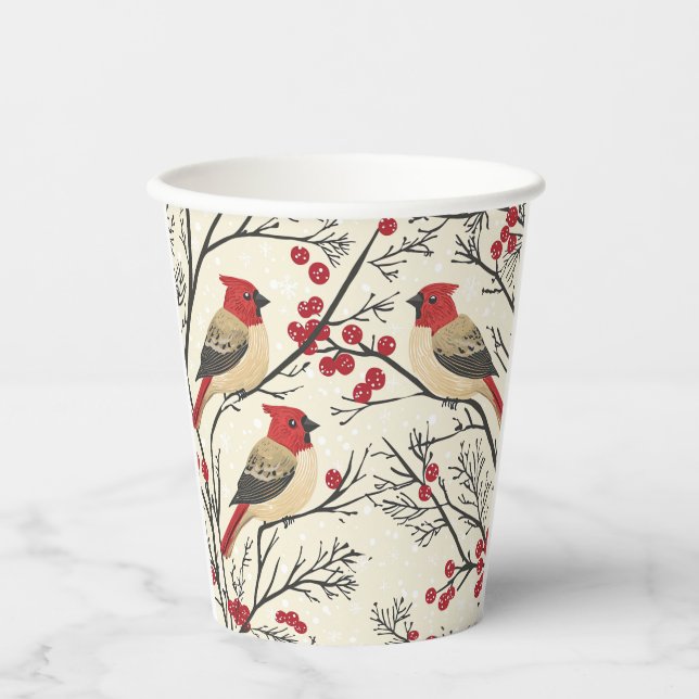 Red Cardinal Winter Berry Christmas Pattern Paper Cups (Front)