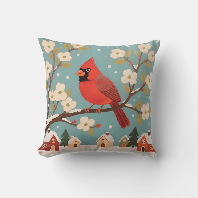 Red Cardinal Winter Branch Throw Pillow (Front)