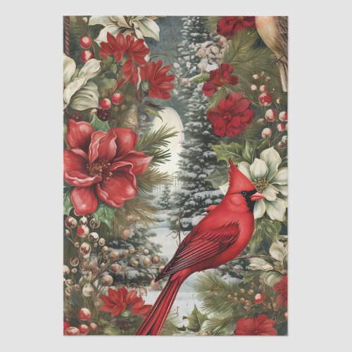 Red Cardinal & Winter Florals Decoupage  Tissue Paper