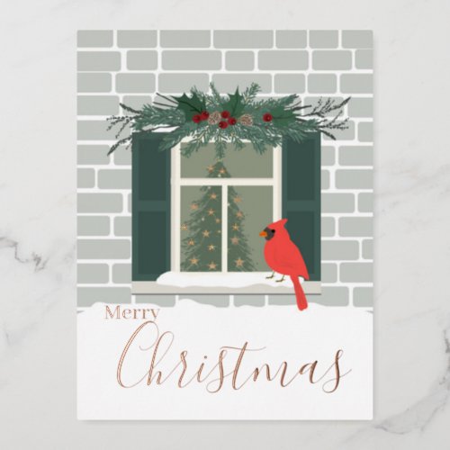 Red Cardinal Winter Merry Christmas  Foil Holiday Postcard