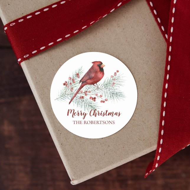 Red Cardinal Winter Pine Merry Christmas Classic Round Sticker (Creator Uploaded)