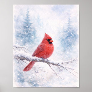 Red Cardinal Winter Watercolor Art Print 
