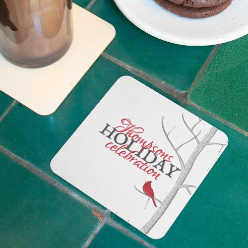 Red Cardinal Winter Woodland Tree Custom Holiday Square Paper Coaster