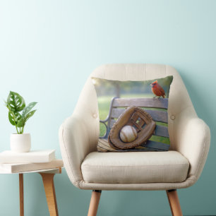 Red Cardinal with a Baseball in Glove Throw Pillow