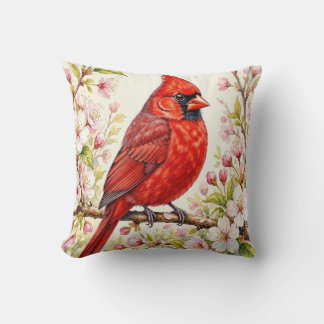 Red cardinal with blossoms throw pillow