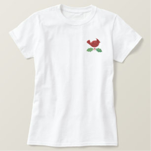 Red Cardinal with Holly and Berries Embroidered Shirt