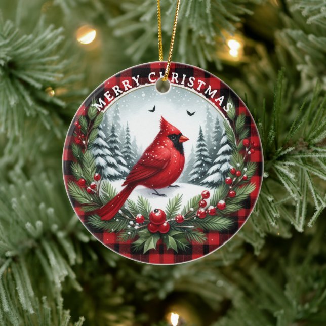 Red Cardinal with Holly Berries Ceramic Ornament (Tree)