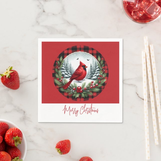 Red Cardinal with Holly Berries Napkins (Insitu)