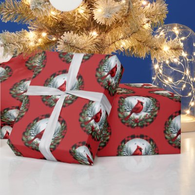 Red Cardinal with Holly Berries Wrapping Paper